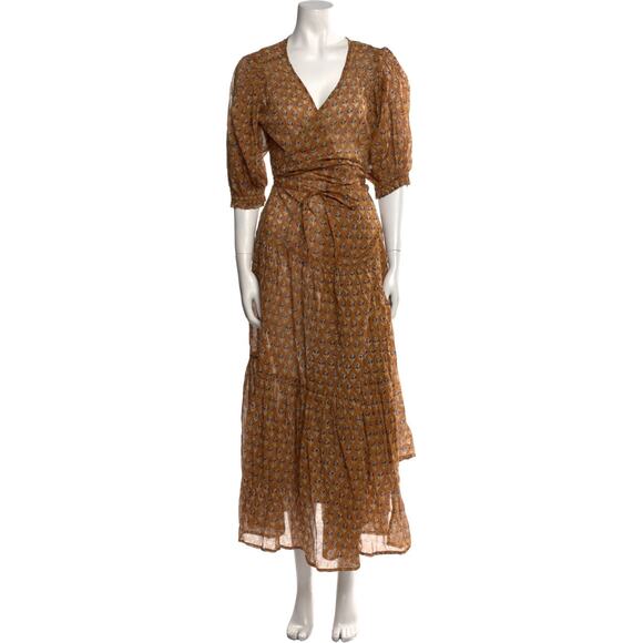 Daughters Of India Brown Floral Cotton Prairie Wrap Midi Dress XS - Cottagecore - Picture 1 of 11